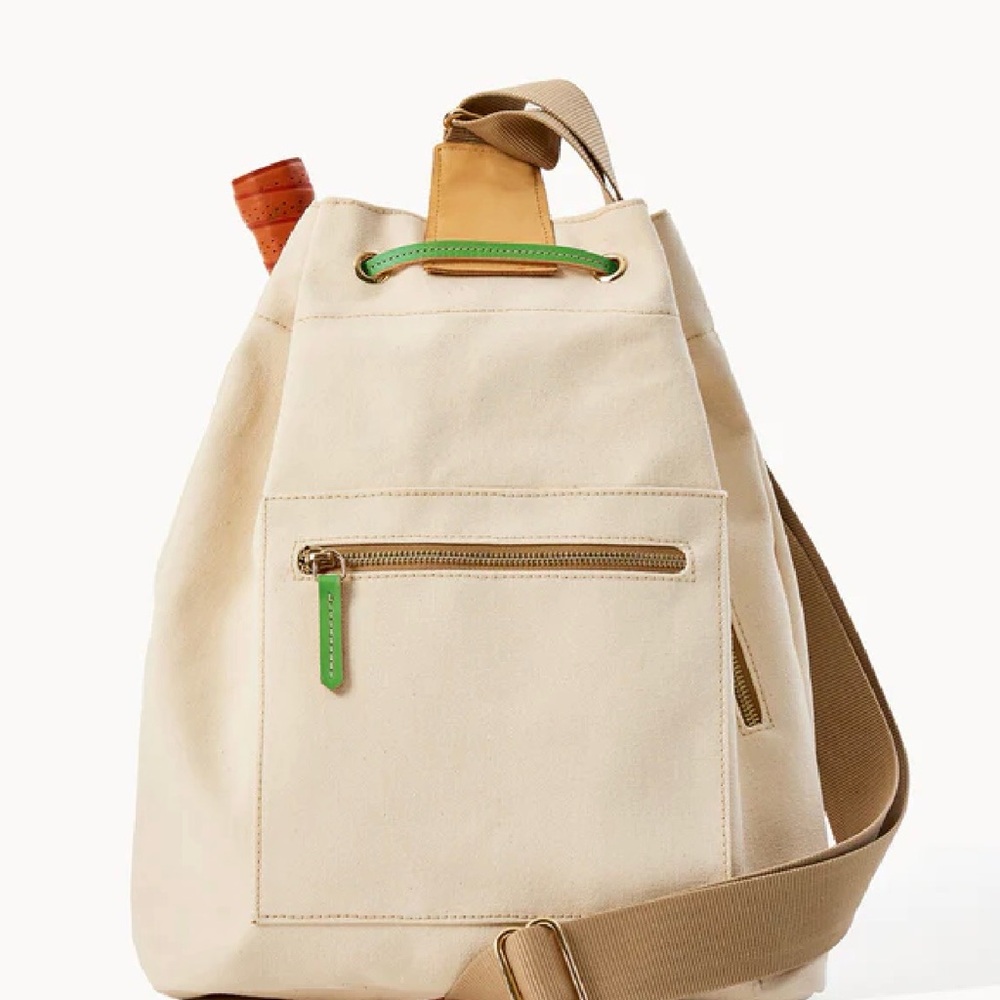 Dooney & Bourke Cream Canvas Drawstring Tote with Green Paddle Pocket - Picture 3 of 7